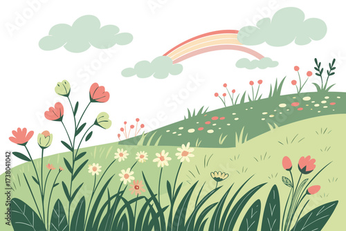 A whimsical meadow with pastel clouds and a rainbow