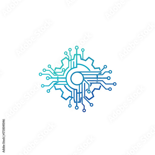 Vector art of technology logo featuring a gear and circuit board design, representing innovation and technological advancement