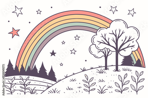 A whimsical rainbow and starry night scene with trees