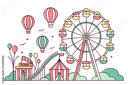 Amusement park with ferris wheel hot air balloons and roller coaster