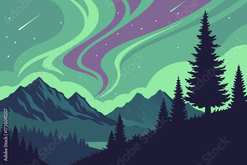 Aurora Borealis over dark mountains and pine forest