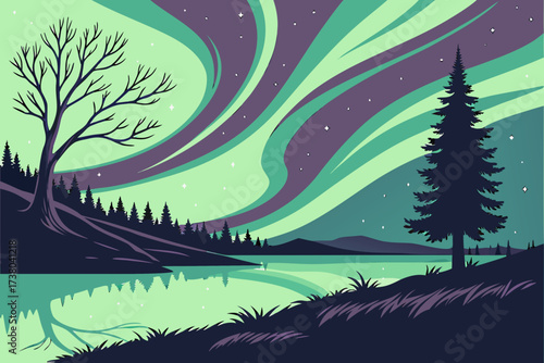 Aurora borealis over a serene lake and forest northern lights