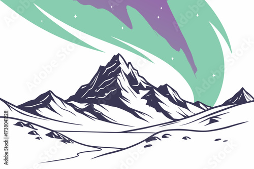Aurora borealis over dark mountain peaks vector illustration