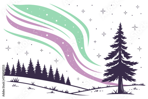 Aurora borealis over pine forest and starry sky northern lights