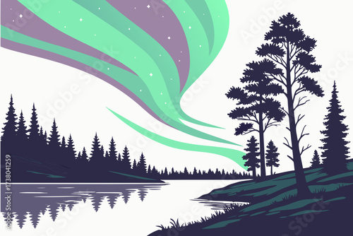 Aurora borealis over pine forest and lake vector illustration
