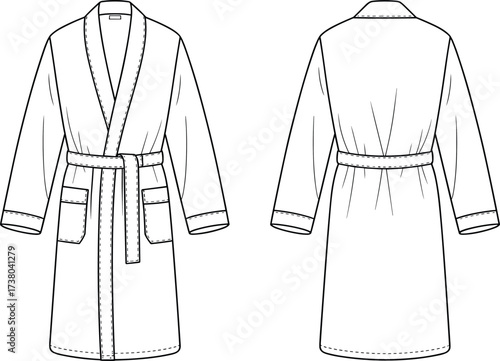 Bathrobe design, shawl collar robe, belted waist garment, front and back view, technical fashion sketch, CAD drawing, flat vector illustration