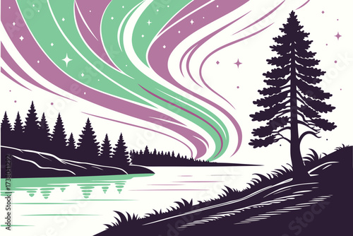 Aurora borealis over pine forest and lake northern lights