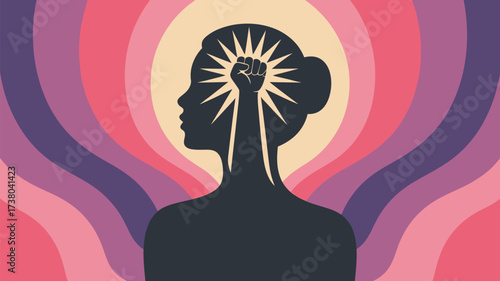 Empowered woman silhouette raising fist in solidarity with vibrant retro background for social justice and equality campaigns and movements