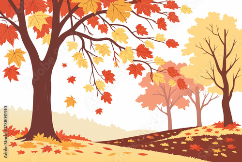 Autumn forest scene with falling leaves and colorful trees