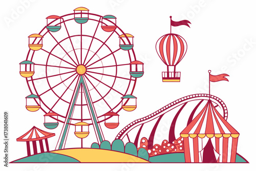 Bright Carnival Scene with Ferris Wheel and Roller Coaster