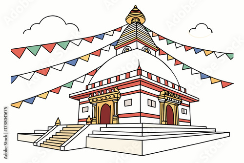 Buddhist Stupa with Prayer Flags and Clouds colorful flags