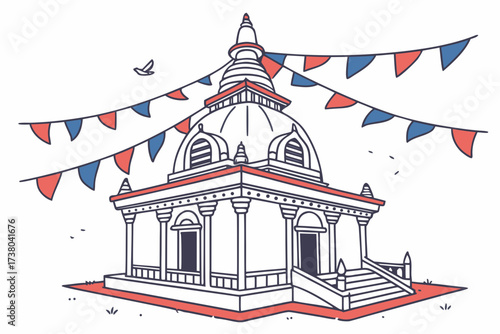 Buddhist stupa with red and blue prayer flags temple