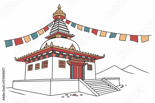 Buddhist stupa with prayer flags and mountains temple