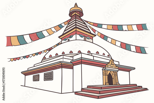 Buddhist stupa with prayer flags vector art colorful flags