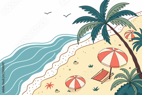 Cartoon tropical beach with palm trees and umbrellas