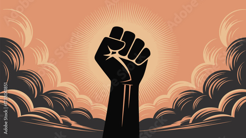 Powerful raised fist symbolizing strength, unity, and social justice against a radiant sunset background for impactful visual storytelling