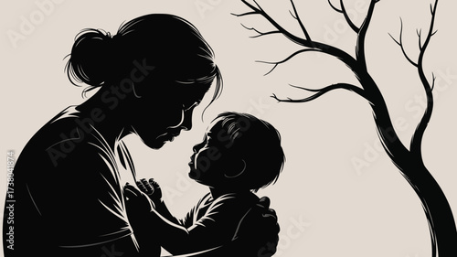 Touching silhouette of loving mother cradling baby with gentle gaze, family love, motherhood concept, parenting support, heartfelt connection, tree