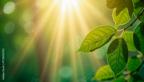 Soft rays of sunlight filter through lush green leaves, creating a serene atmosphere in a vibrant forest. The scene captures a moment of tranquility in nature.