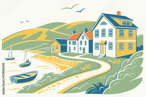 Coastal village with colorful houses and sailboats 1