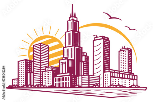 Cityscape with sun and birds on white background city skyline