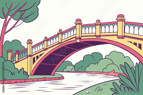 Colorful arched bridge over a calm river with trees