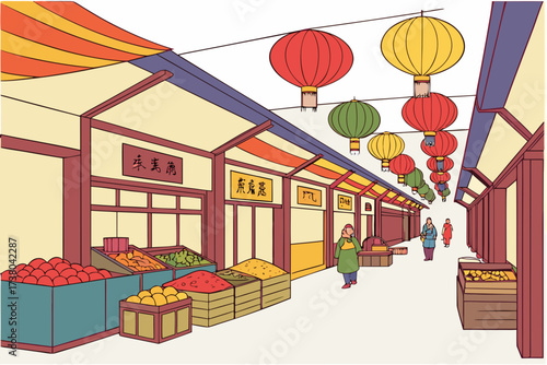 Colorful Asian market street with lanterns and produce