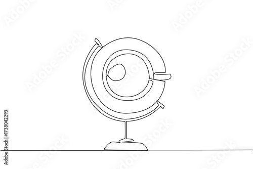 Single one line drawing tea cup with saucer top view in globe frame. The rapid spread of tea leaves to all corners of the world. International Tea Day. Continuous line design graphic illustration