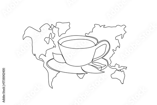 Continuous one line drawing tea cup with saucer and some tea leaves and world map background. A special aroma in each country. Taste. International Tea Day. Single line draw design vector illustration