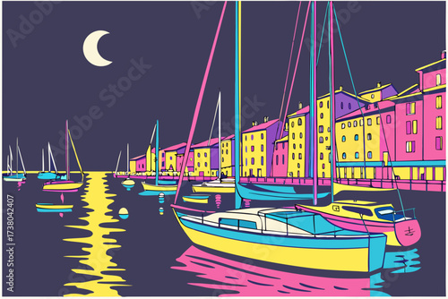 Colorful boats in a harbor under a crescent moon night