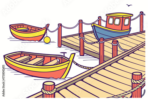 Colorful boats docked at a wooden pier vector illustration