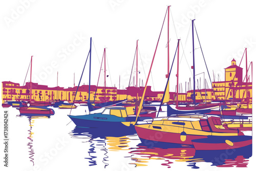 Colorful boats in a harbor with building reflections