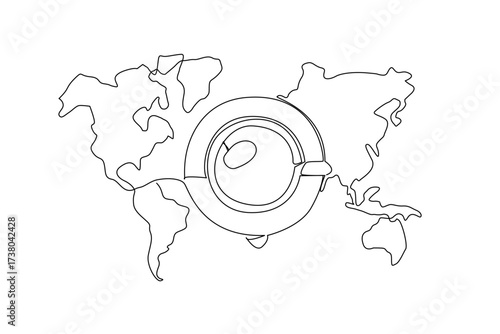 Single continuous line drawing top view, tea cup with saucer against world map background. Restaurant or cafe specifically for tea lovers. International Tea Day. One line design vector illustration