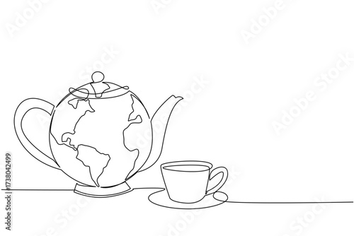 Continuous one line drawing teapot with a cup with a saucer. Symbol of great ease of tea cultivation throughout the world. Hot tea. International Tea Day. Single line draw design vector illustration