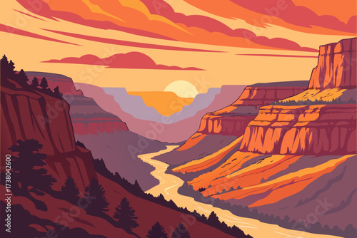 Colorful canyon landscape at sunrise vector illustration