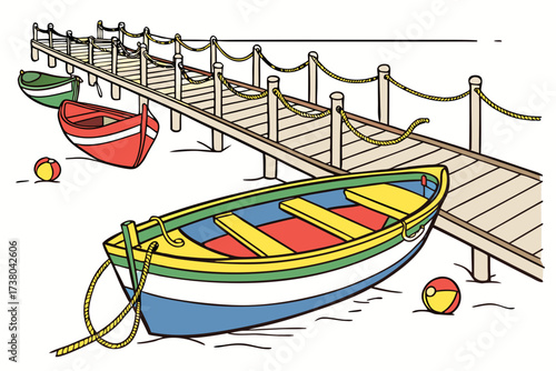 Colorful boats on a wooden pier with beach balls dock