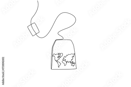 Single one line drawing teabag and world map on the surface of the bag. Packaging that makes it easy for consumers to smell the aroma International Tea Day. Continuous line design graphic illustration