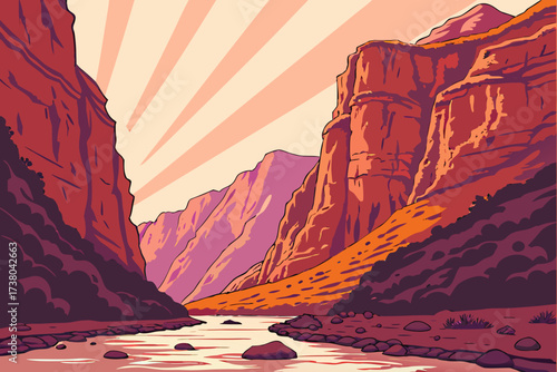 Colorful canyon river at sunrise vector illustration