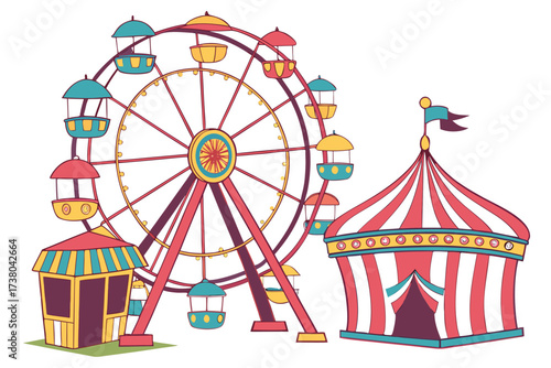 Colorful Carnival Ferris Wheel and Circus Tent amusement park