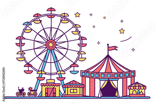 Colorful Carnival Scene with Ferris Wheel and Circus Tent