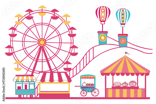 Colorful carnival rides and food stalls with hot air balloons