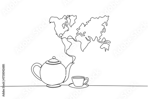 Continuous one line drawing teapot and cup with saucer and world map from teapot funnel. Delights from various countries. Calming. International Tea Day. Single line draw design vector illustration