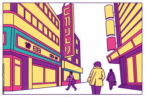 Colorful city street with people and neon signs urban