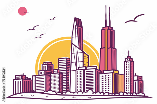 Colorful city skyline with sun and birds skyscrapers