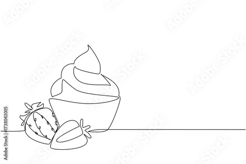Single continuous line drawing 2 strawberries and cream in a small bowl. Enjoy the freshness while it is still cold and frozen. National Strawberries and Cream Day. One line design vector illustration