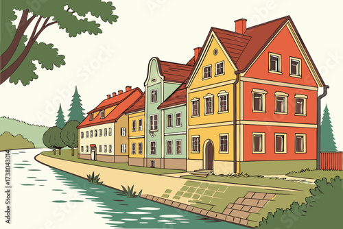 Colorful European village houses on riverside vector illustration