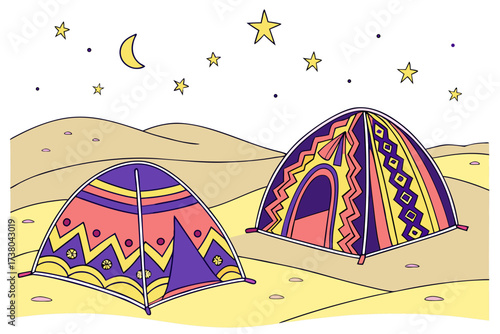 Colorful desert tents under starry night sky stars