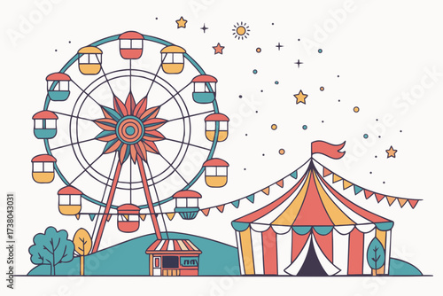 Colorful Ferris Wheel and Carnival Tent on White Background 2