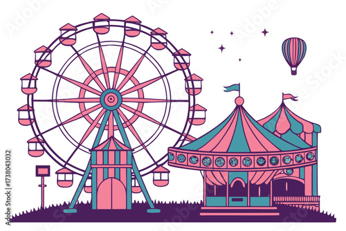 Colorful Ferris Wheel and Carnival Tent on White Background