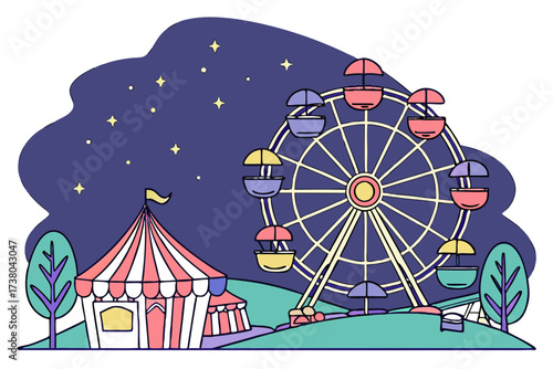 Colorful Ferris Wheel and Carnival Tent at Night stars