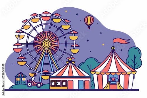 Colorful Ferris Wheel and Carnival Tents at Night amusement park
